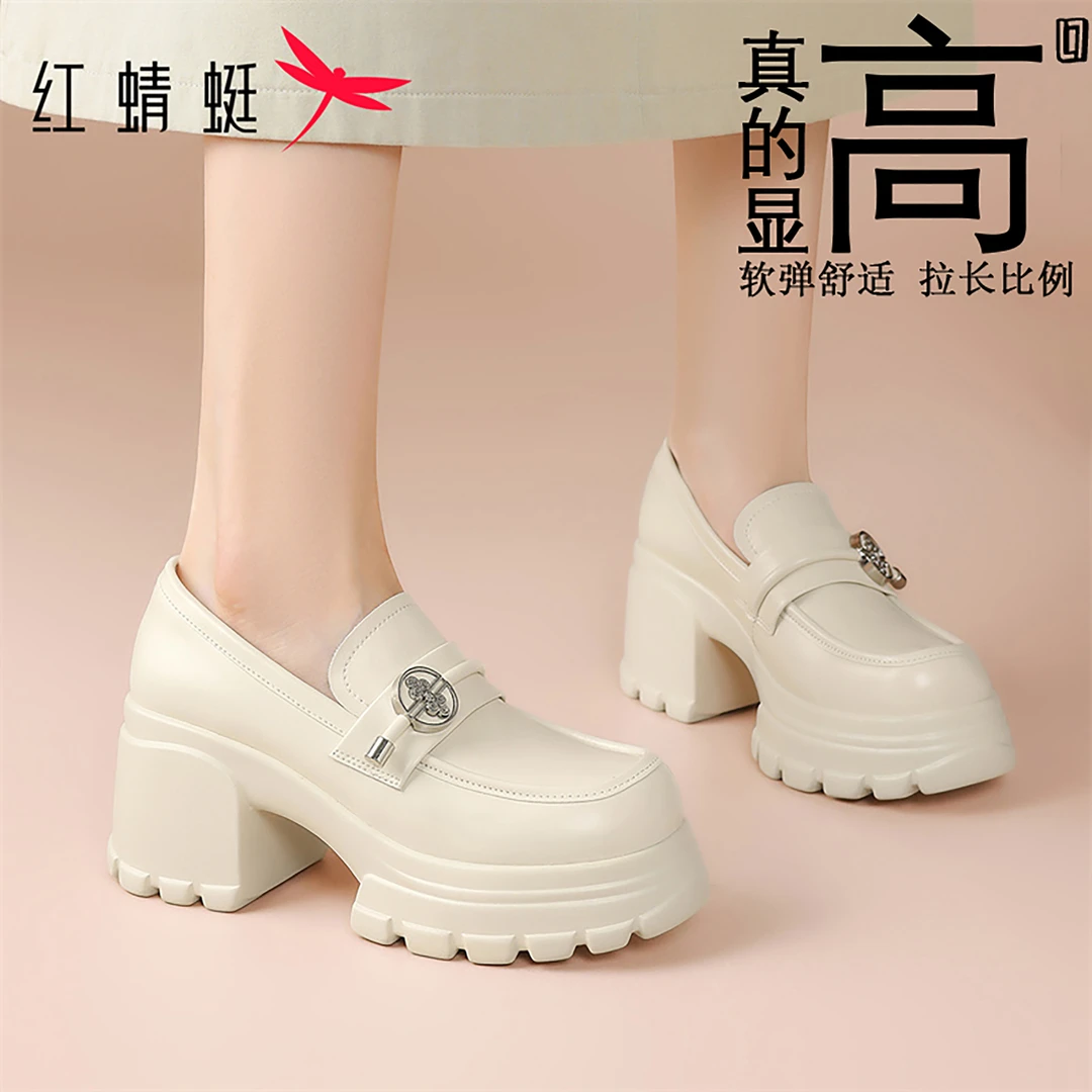 红蜻蜓网红款单鞋乐福鞋女2025秋新款网红款套筒高跟厚底增高皮鞋