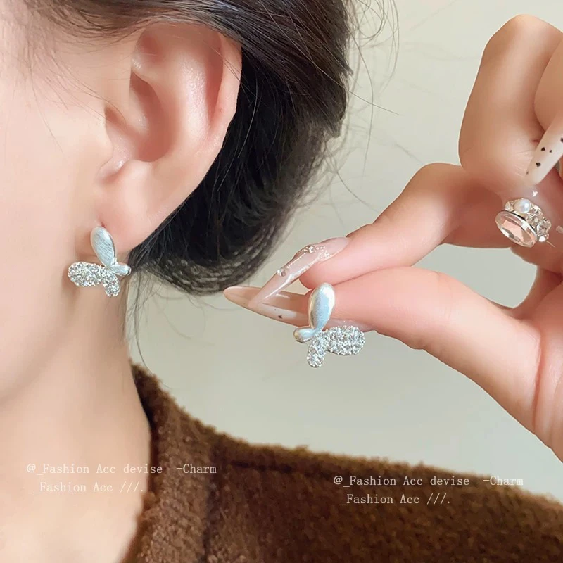 铜合金耳饰 镀厚银闪钻蝴蝶拉丝新款个性高简约时尚百搭耳夹耳钉