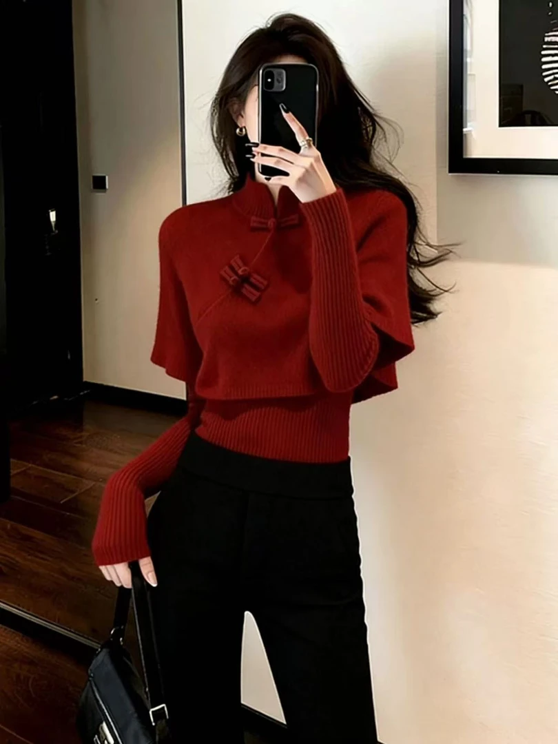 Z454新中式红色立领斗篷盘扣毛衣女冬新款修身显瘦超好看单穿上衣