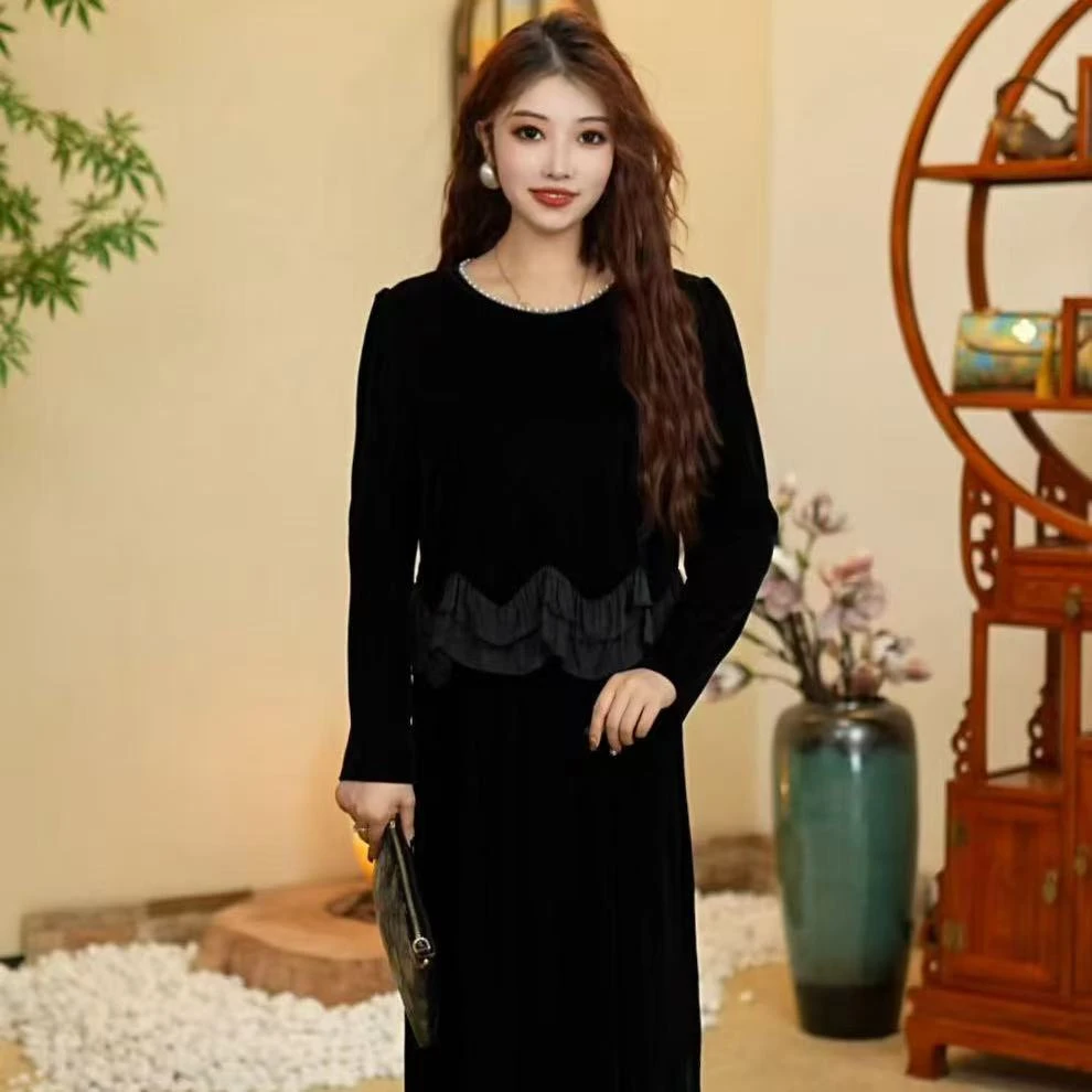 DM 9955 减龄净色双花显瘦假两件妈妈裙