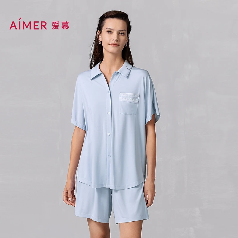 爱慕25SS沁凉家居翻领开衫短袖短裤套装AM46B112