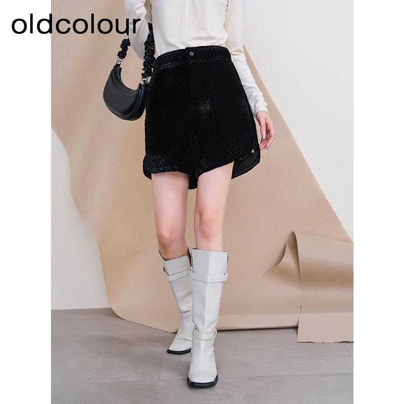 oldcolour冬季新款黑色菱格丝绒高腰休闲宽松A字短裤女P440702A1