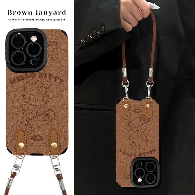 滑板凯蒂猫适用苹果16华为vivo小米oppo瞳眼羊皮挂绳手机壳女防摔