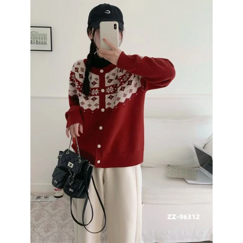 秋季新款圆领开衫时尚潮流提花针织衫96312