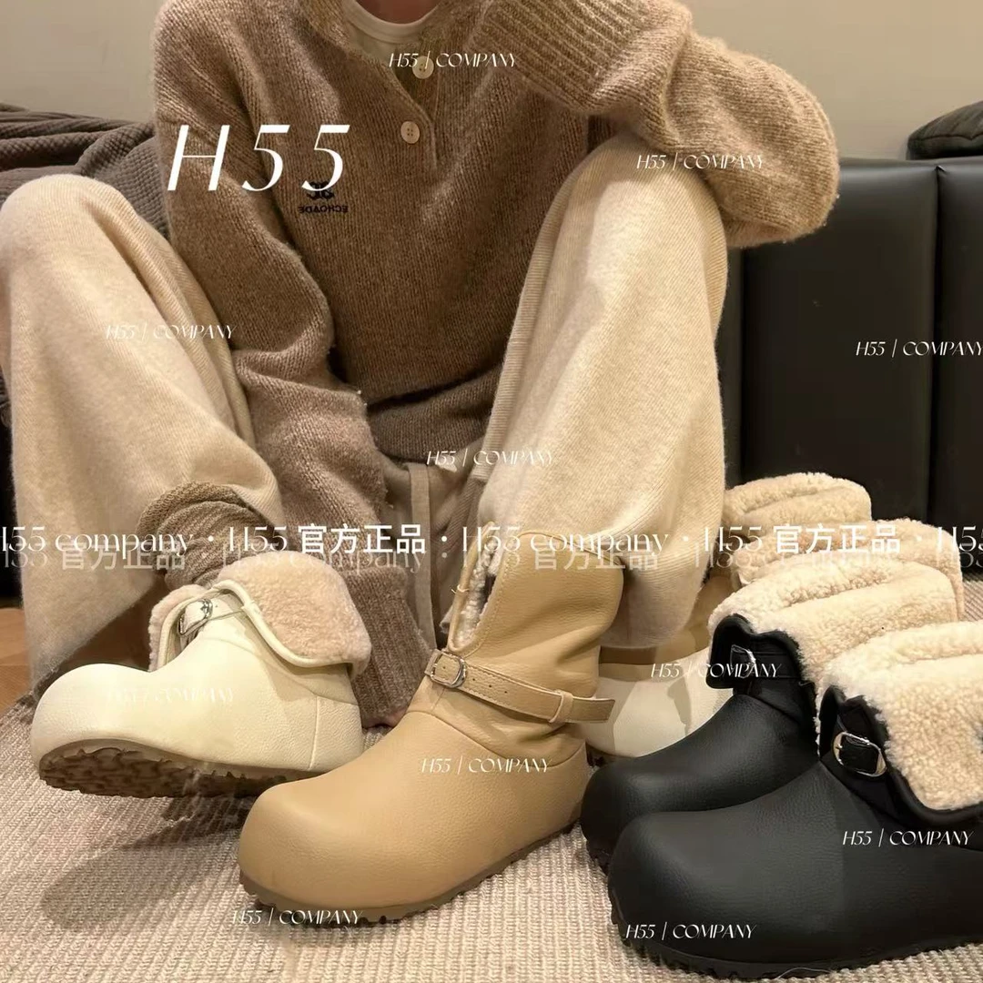 H55女鞋【700g棉里】小熊Hygge加绒防滑保暖皮面雪地靴56-2968【Hw】