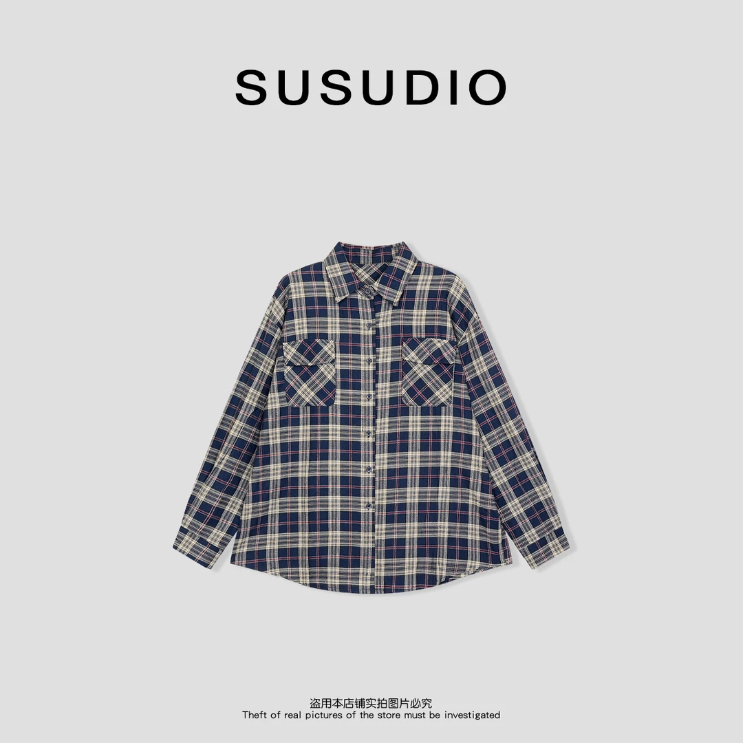 SUSUDIO 设计款拼色格子百搭休闲衬衫70110