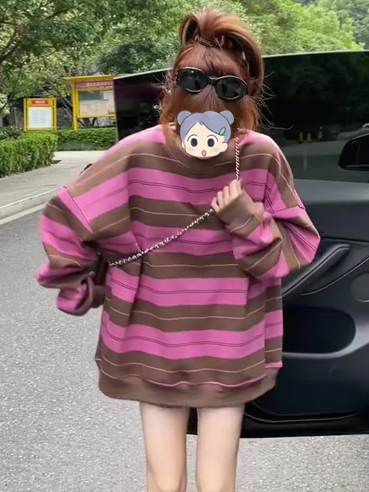 条纹中长款圆领卫衣女女款2025新款爆款春秋款宽松慵懒风长袖上衣