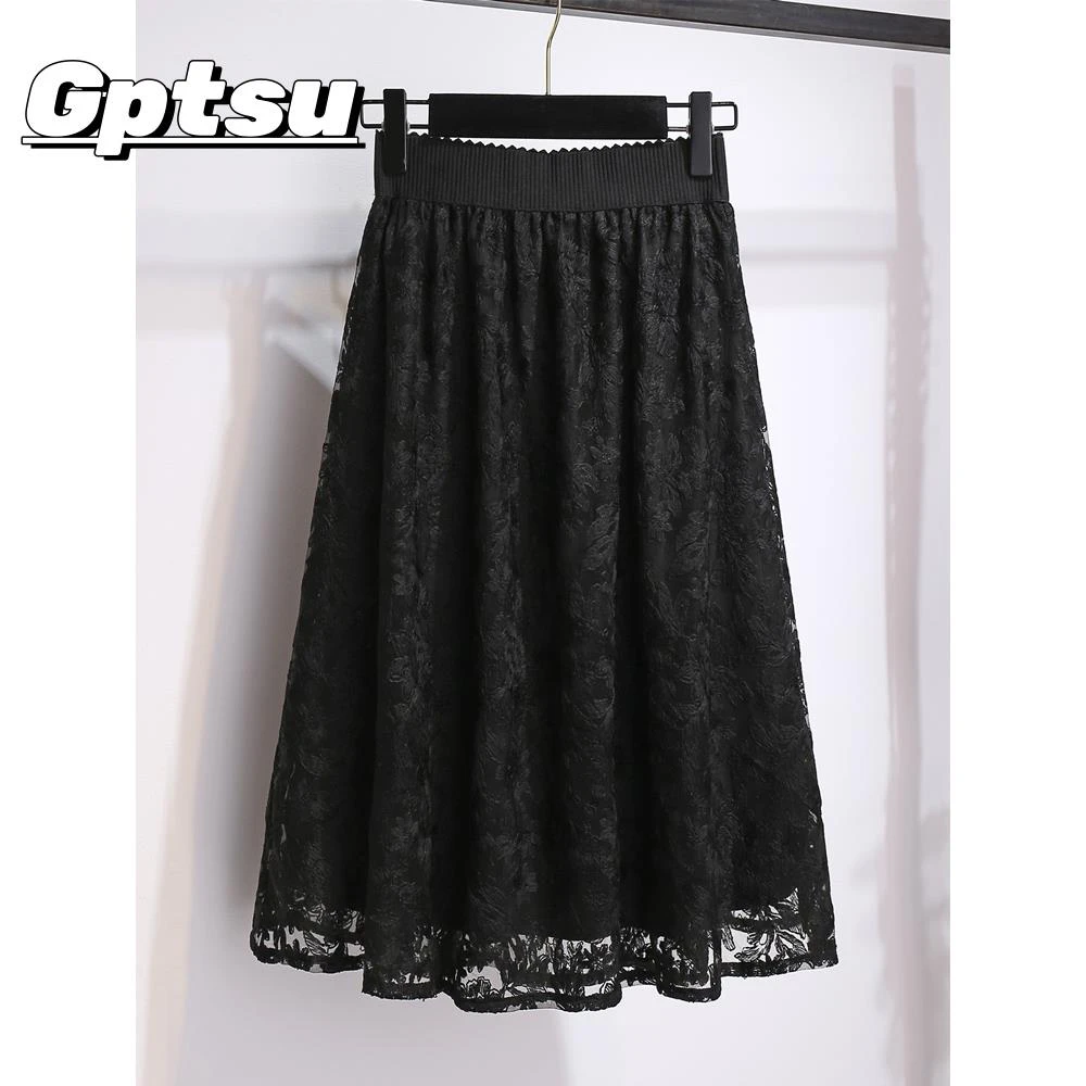 GPTSu黑白色高腰小个子字裙伞裙网纱蕾丝半身裙女秋季2025新款