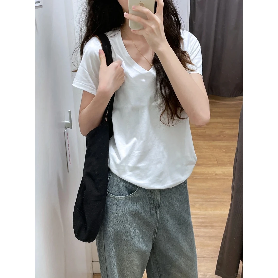 慵懒风通勤V领宽松显瘦正肩短袖女2025夏季气质简约百搭白色上衣