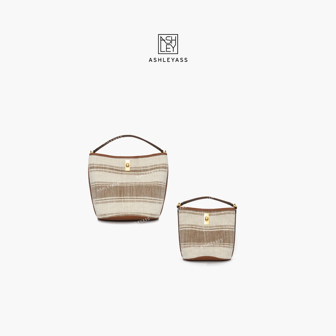 水桶包斜挎法式通勤单肩包灰白撞色手提包LSP520056W