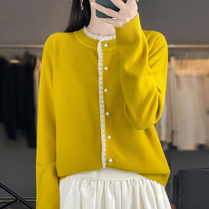 品牌时尚女装圆领开衫拼色毛针织衫蕾丝气质简约百搭毛衣长袖好看