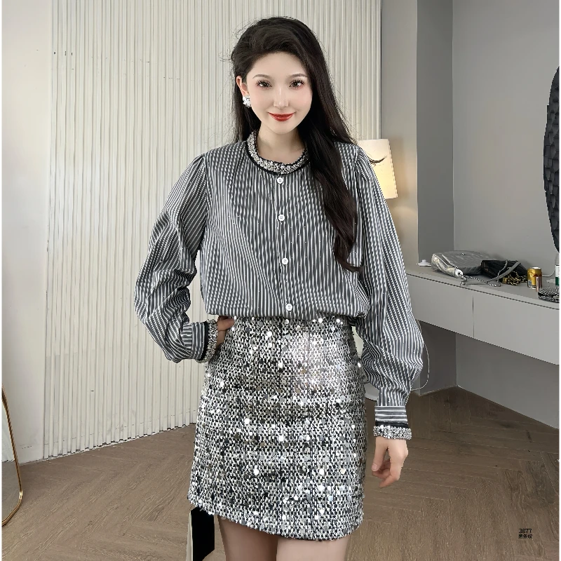 Saeda女装重工亮片时尚衬衣加半裙套装YF3877