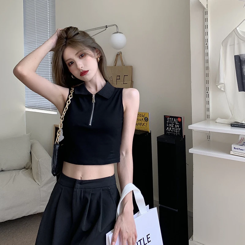 新款设计感短款辣妹背心女小众百搭外穿polo领无袖T恤上衣内