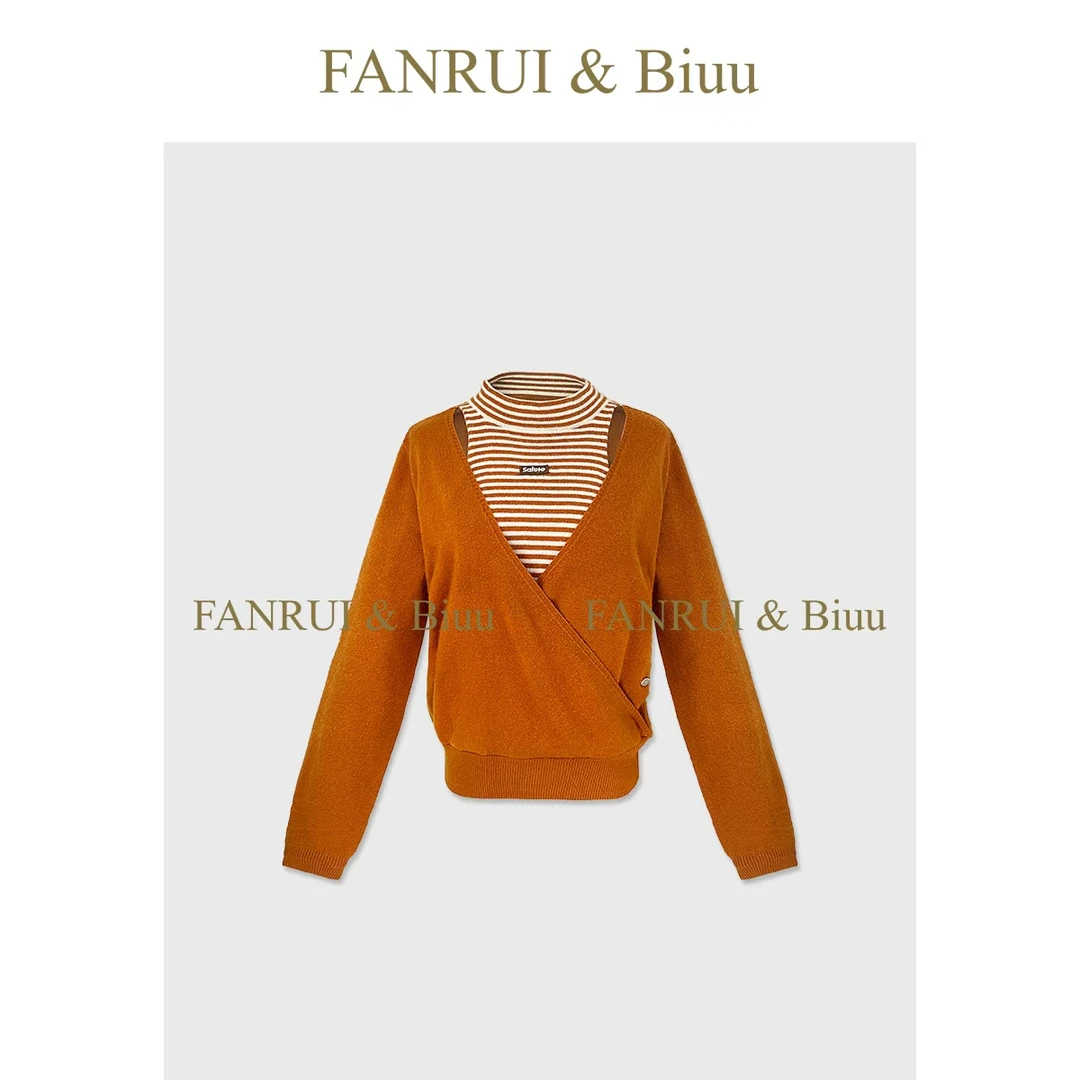 FANRUI/泛芮「慵懒叠韵」羊毛条纹斜襟假两件高级感针织上衣B19922