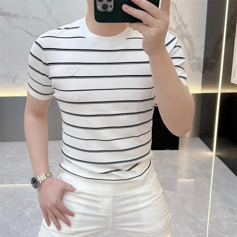 2025夏季新款修身帅气条纹百搭休闲圆领冰丝短袖T恤男薄款针织衫
