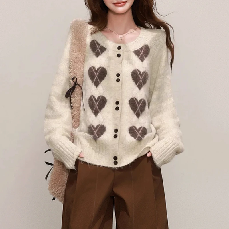 学院风爱心撞色针织衫毛衣开衫外套新款韩式慵懒chic上衣 65881