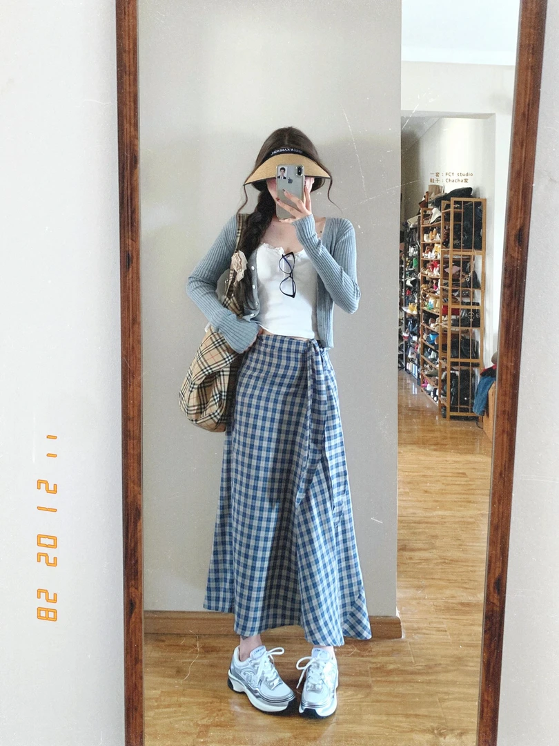 秋季新款韩系慵懒风灰色针织衫吊带上衣格纹高腰半身裙三件套装女