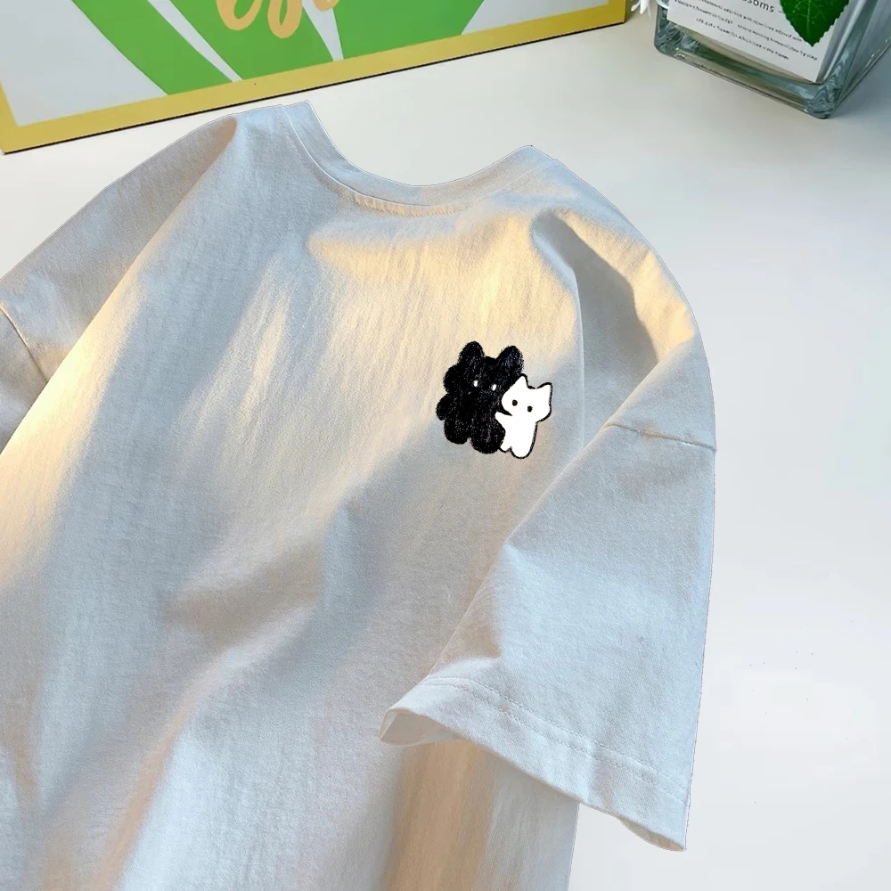 重磅纯棉短袖-黑白大小猫  男女潮牌宽松百搭圆领上衣潮流