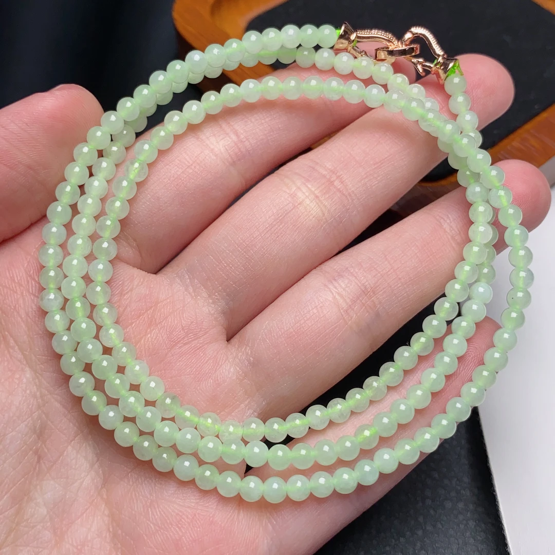 缅甸天然a货翡翠冰种晴水绿小米珠项链卡3.5mm长链素圈