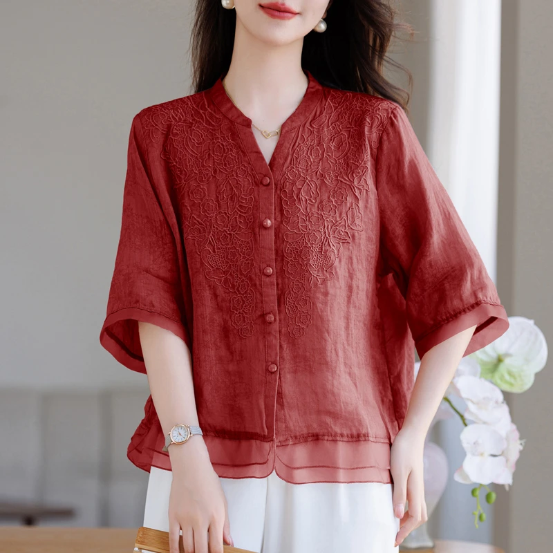 苎麻衬衫女夏薄款2025新款宽松洋气减龄中年妈妈时尚V领半袖上衣