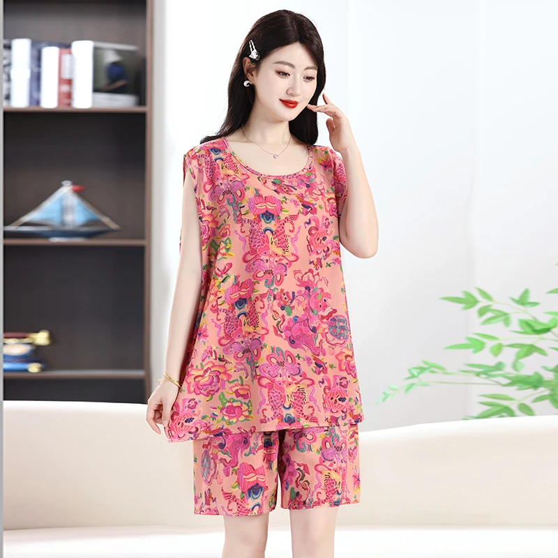 夏季无袖背心纯棉绸睡衣短袖两件套装女夏天吊带薄款人造棉家居服