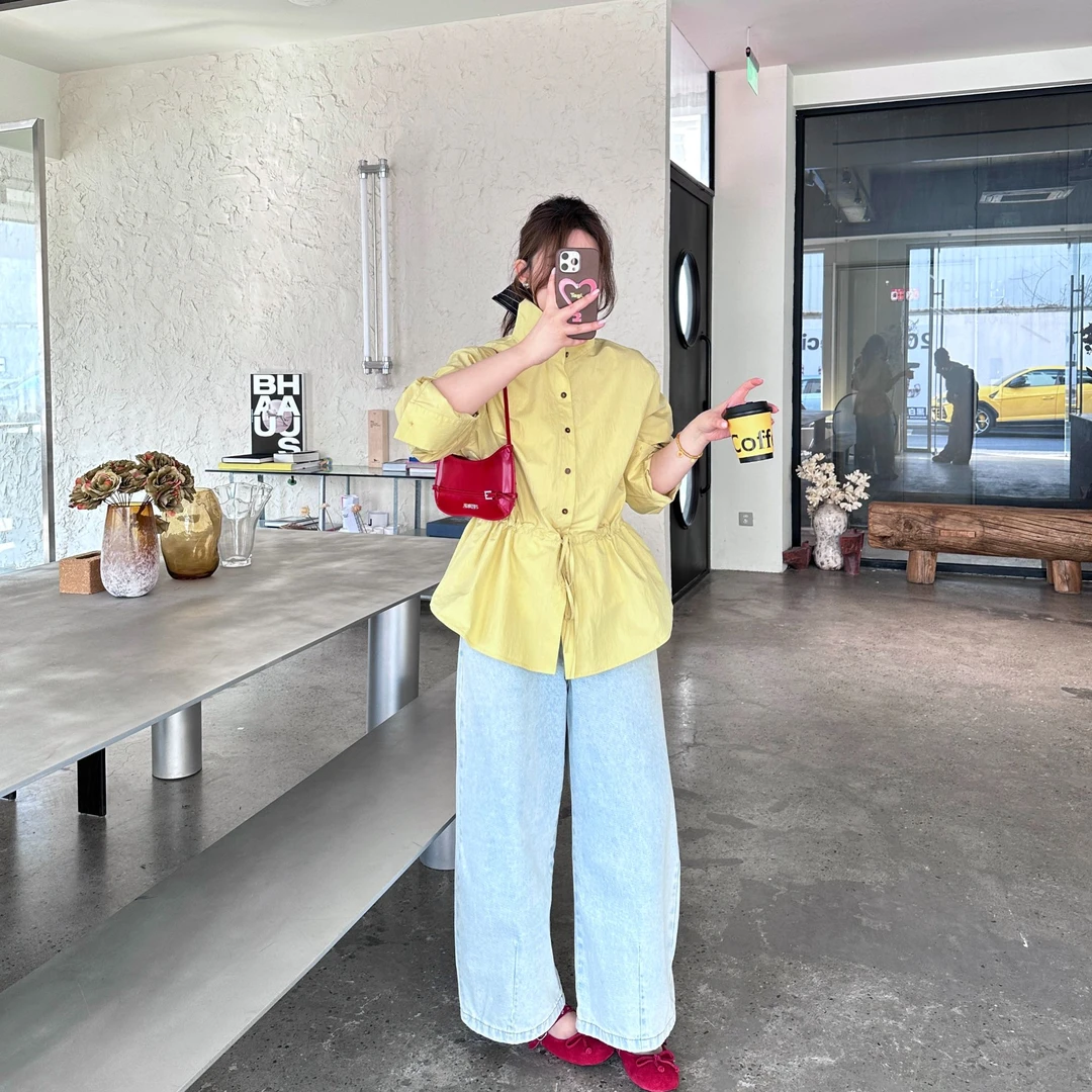 晶咕【猎装衬衫外套】时尚休闲宽松韩版设计感系带收腰长袖衬衫