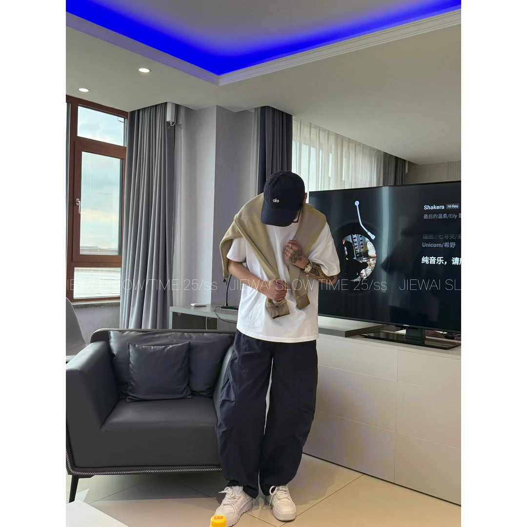 JIEWAI LK1372 【秋季纯棉慵懒男友风直筒松紧休闲裤男士卫裤百搭】