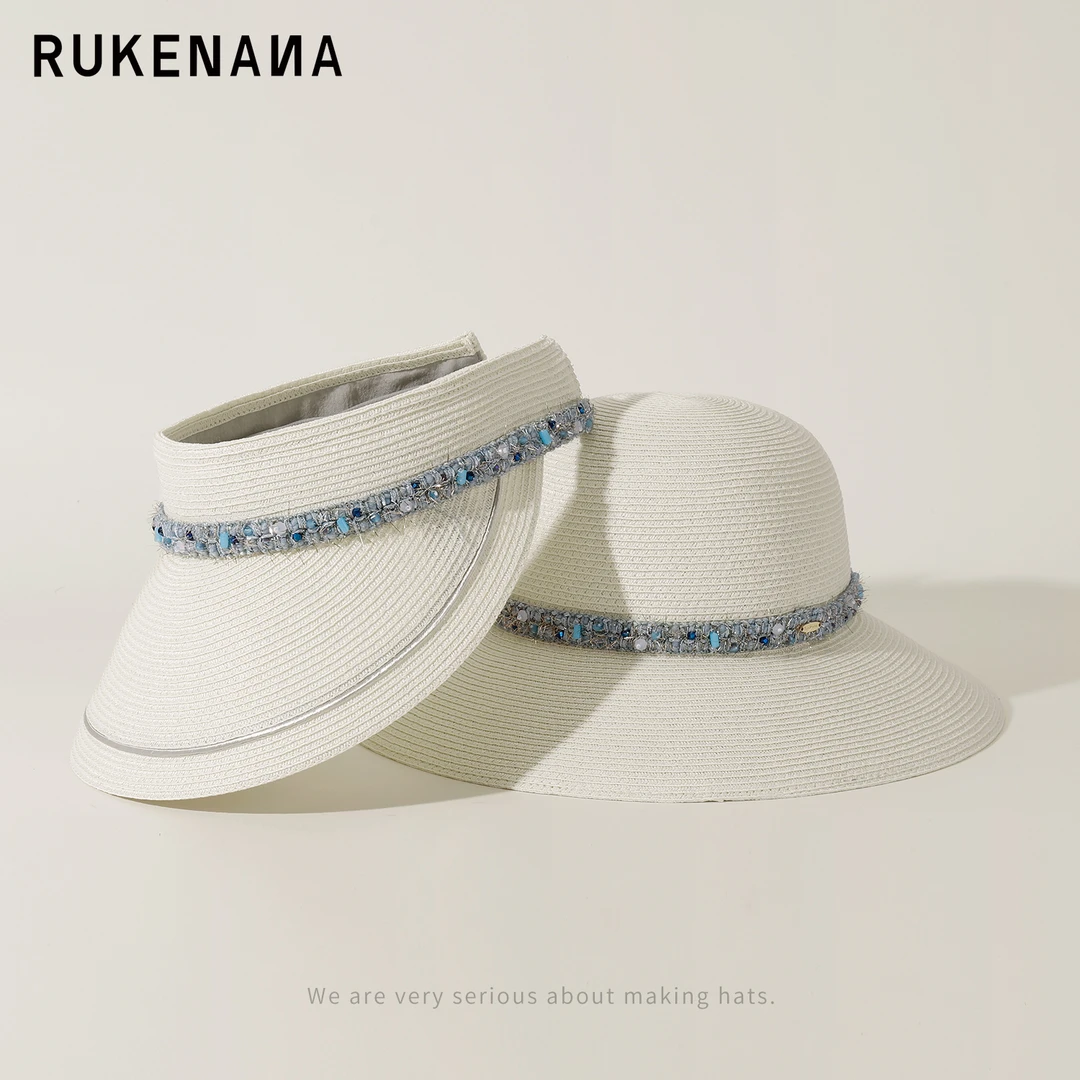 鹿可娜娜RUKENANA设计师款四季手工编织水钻空顶帽渔夫帽防晒遮阳