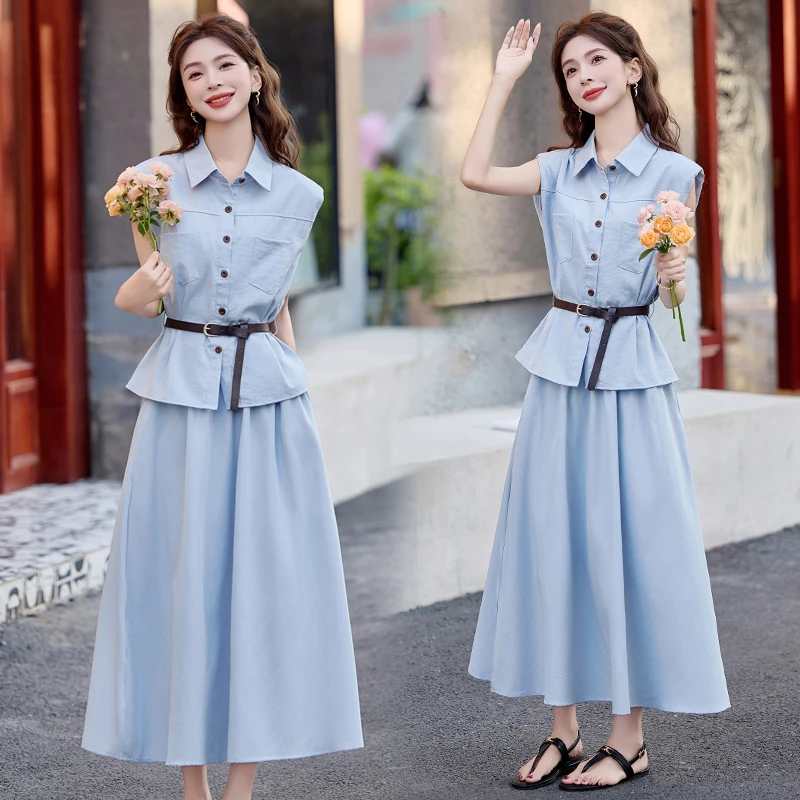 无袖衬衫半身裙两件套连衣裙女夏2025新款时尚气质洋气减龄套装裙