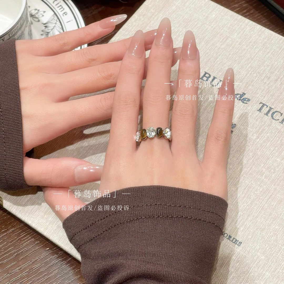 【暮岛饰品】虎眼石锆石拼接开口戒指A108