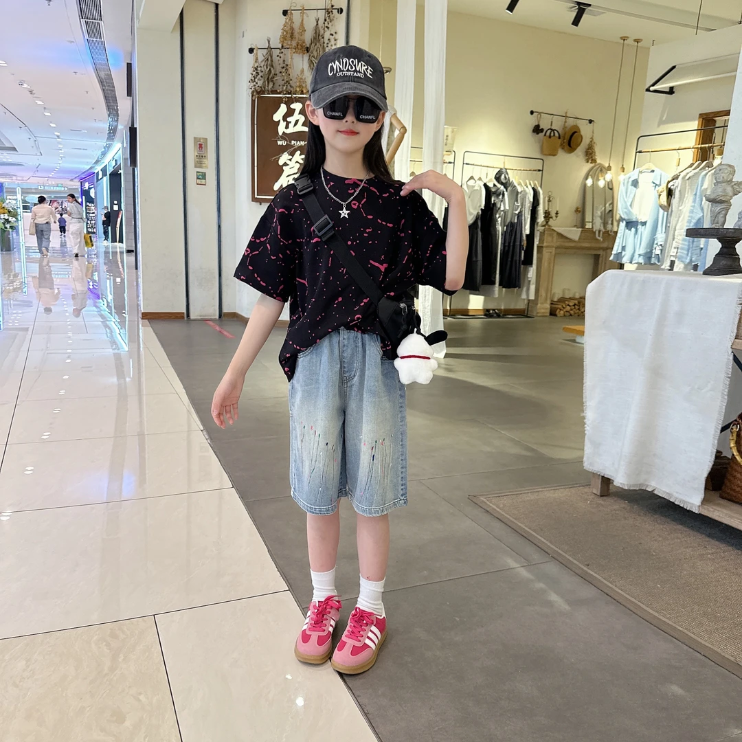 女童夏季破洞中大童裤子休闲印花夏装洋气时尚韩版女孩薄款套装