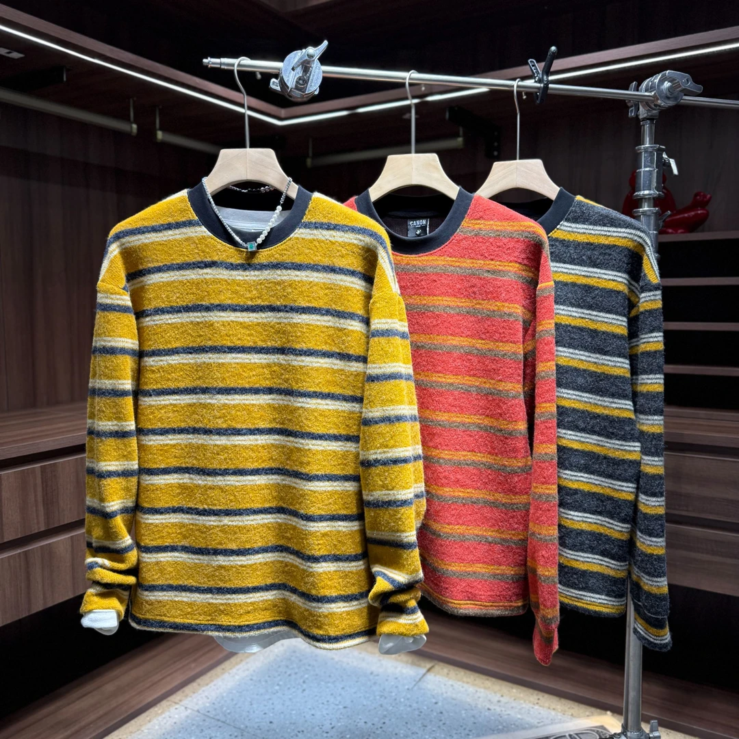 98887秋冬新款高级感撞色条纹设计软糯底摆抽绳圆领长袖针织衫