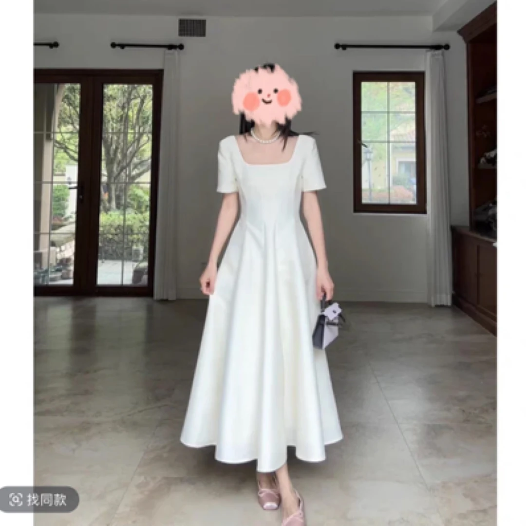 大码赫本风简约收腰显瘦长裙夏家短袖气质连衣裙