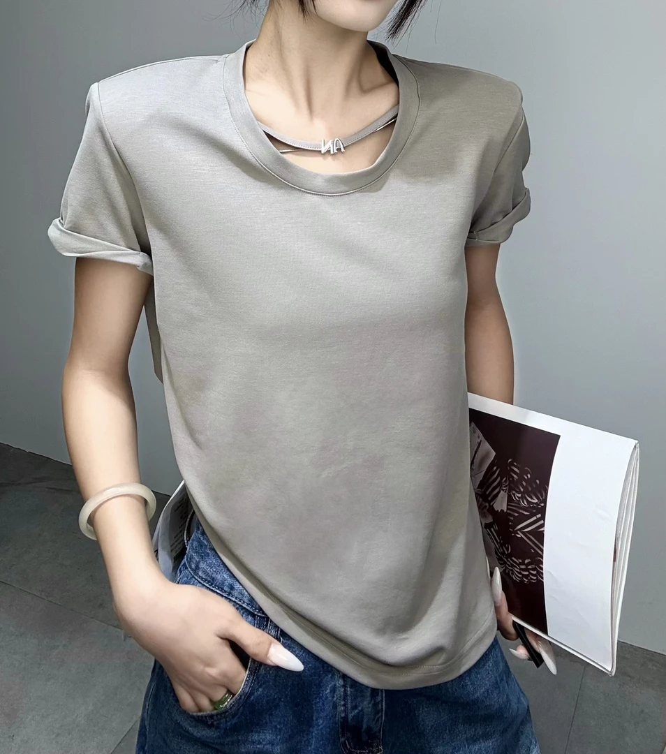 25029#新款夏季潮流卷边袖金属字母带子纯色光板U领百搭短袖T恤