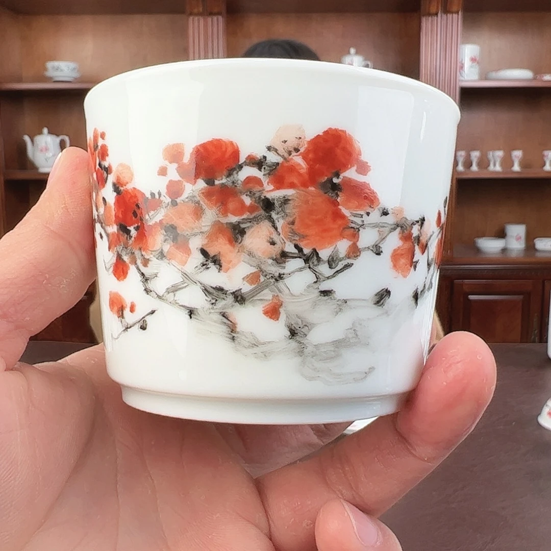 瓷柴窑手指画红梅书卷杯周鹏老师