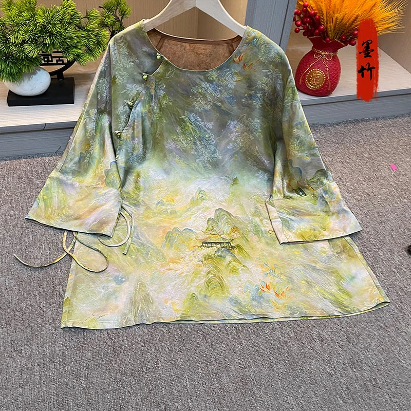 m【69590】新中式中国风国潮高级感时尚女士上衣提花女装圆领腰绳