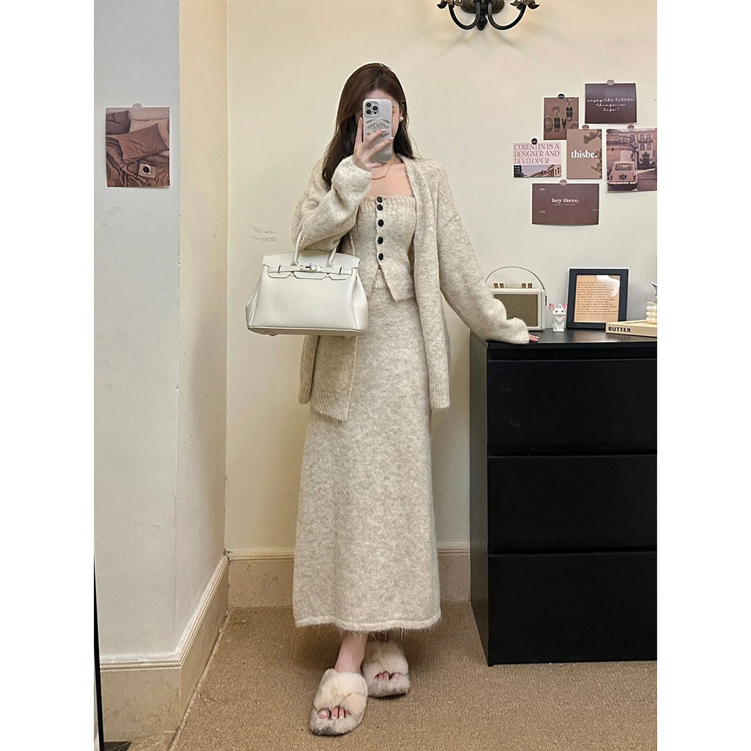 大码女装气质高级感针织抹胸+毛衣开衫针织半身裙三件套套装