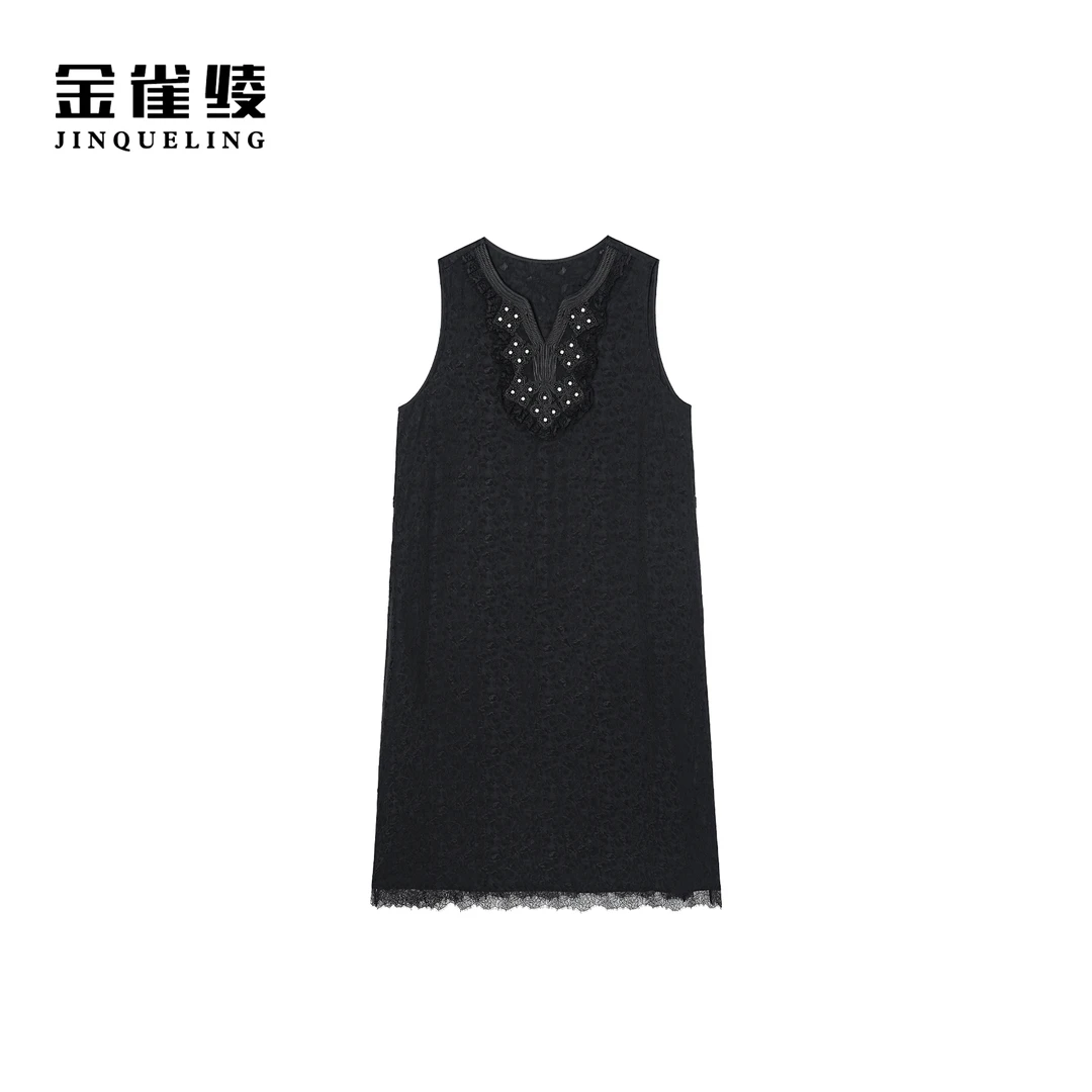 金雀绫【夜宴女王】法式轻奢镶钻高级感蕾丝无袖连衣裙SZA1L035