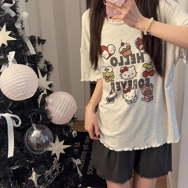 带胸垫睡衣女夏季莫代尔可外穿hellokitty宽松薄款网红家居服套装