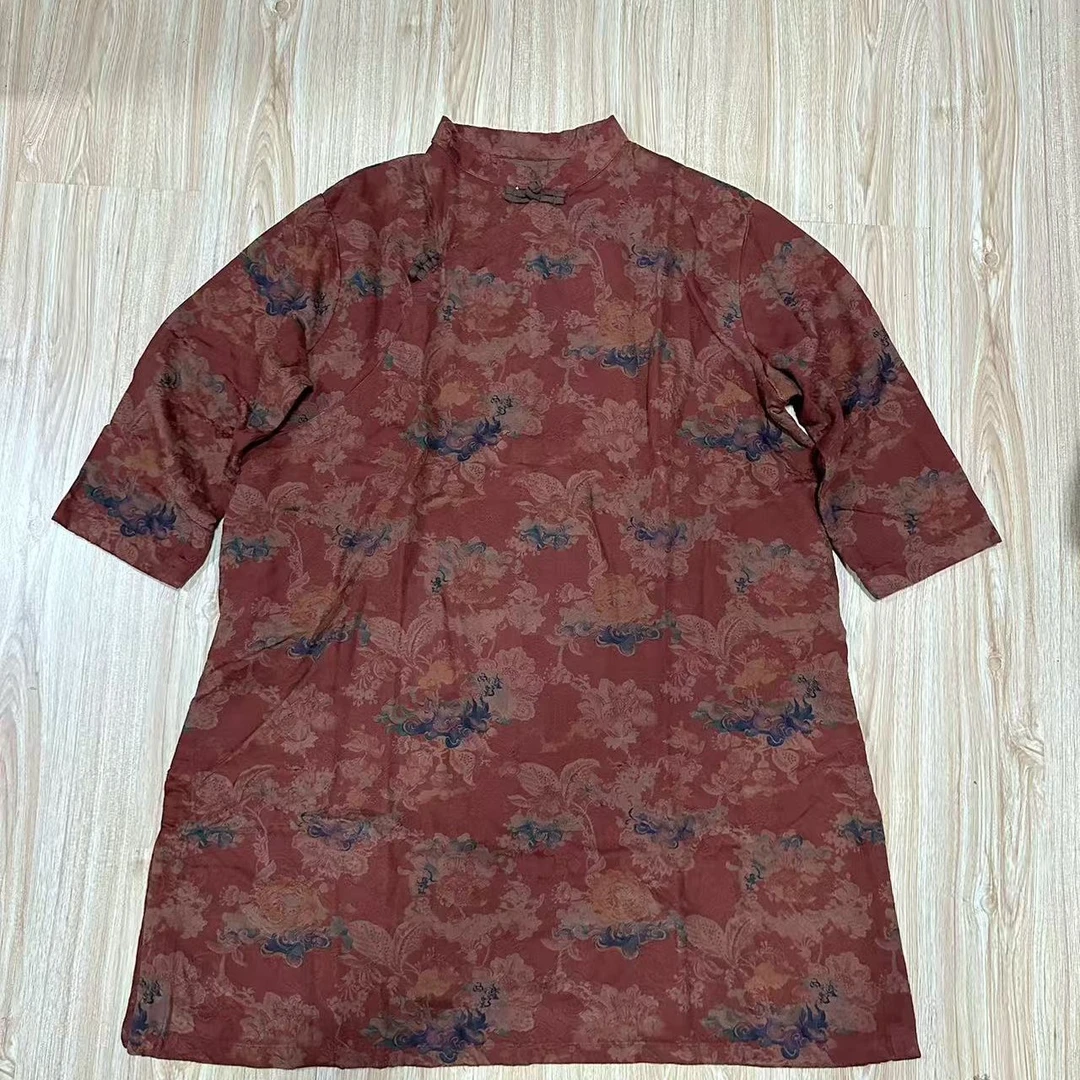复古斜盘扣套头印花袍