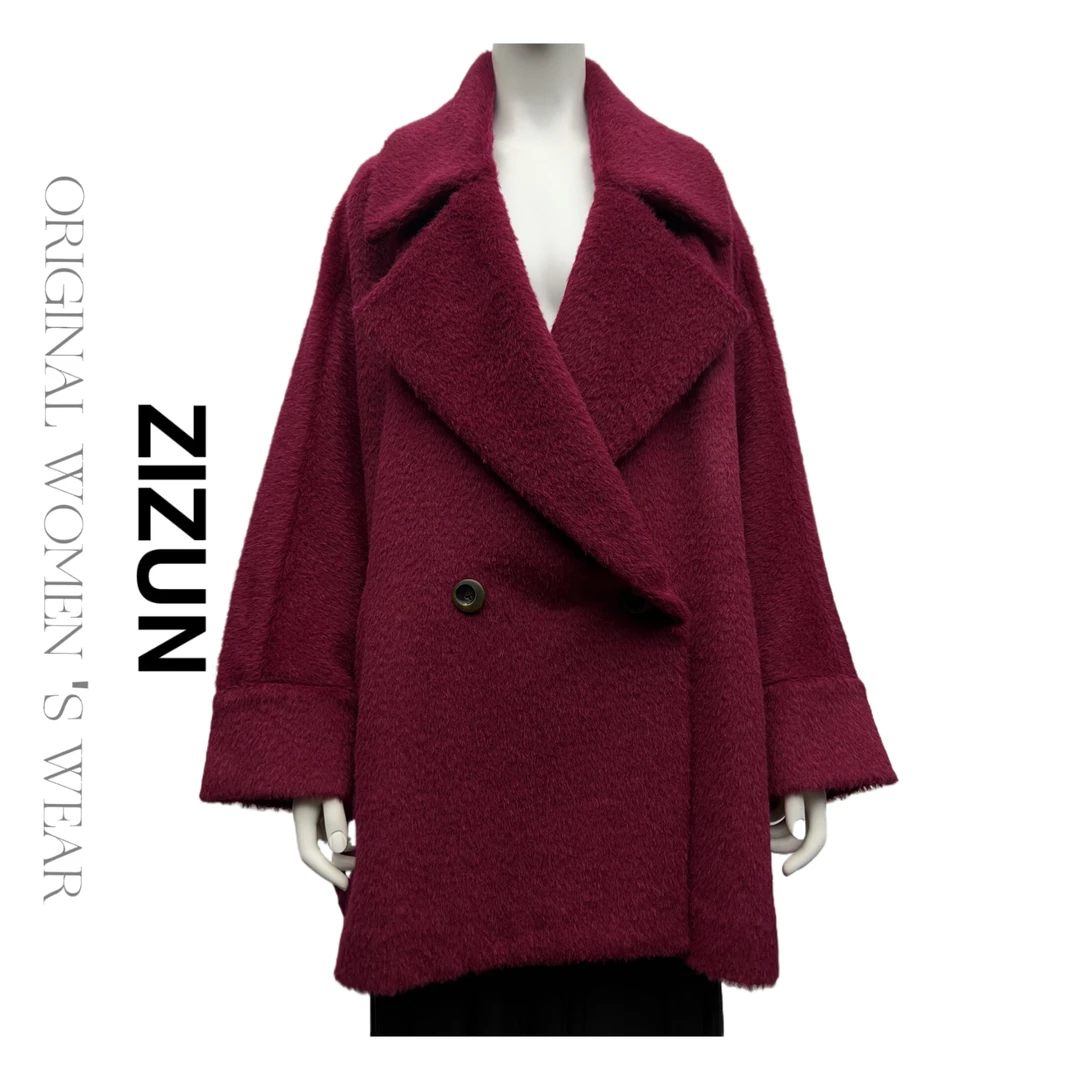 ZIZUN/姿尊高定秋冬季宽松百搭女士双排扣短大衣外套