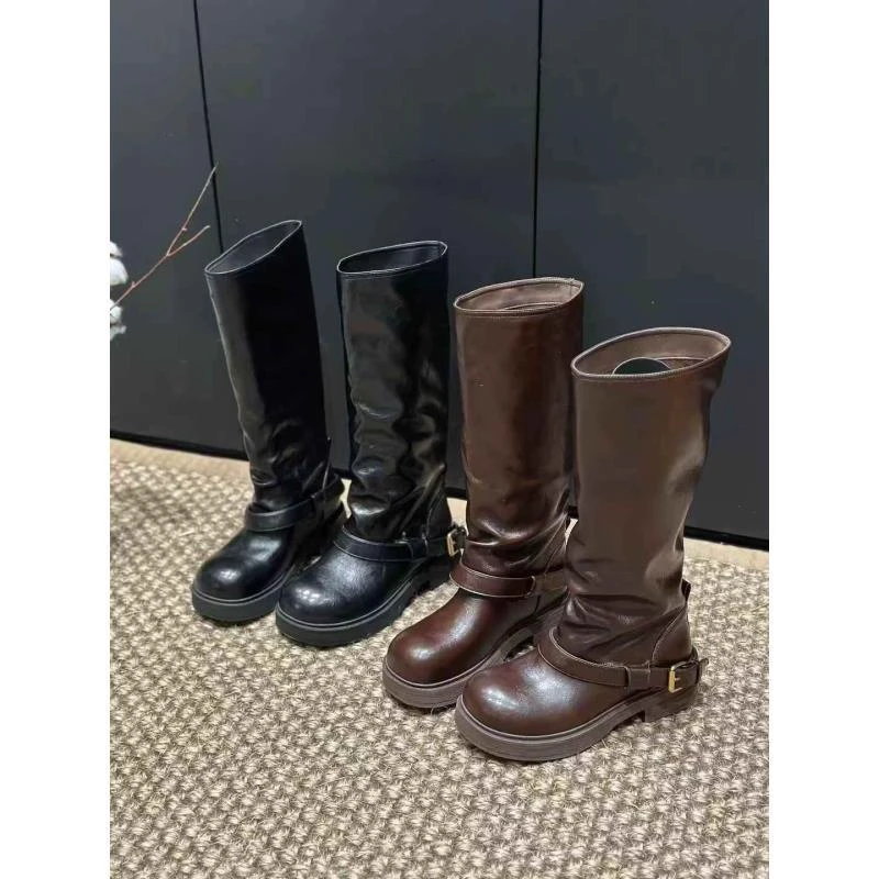 腿精B备~复古粗跟长筒靴女褶皱高筒靴堆堆靴女骑士靴76-8361/A外