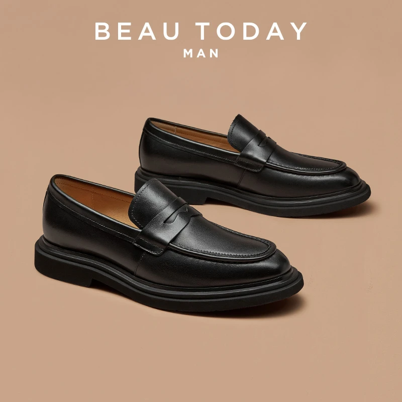 BeauToday皮胚改色真羊皮柔软一脚蹬乐福鞋休闲厚底增高宽脚胖脚