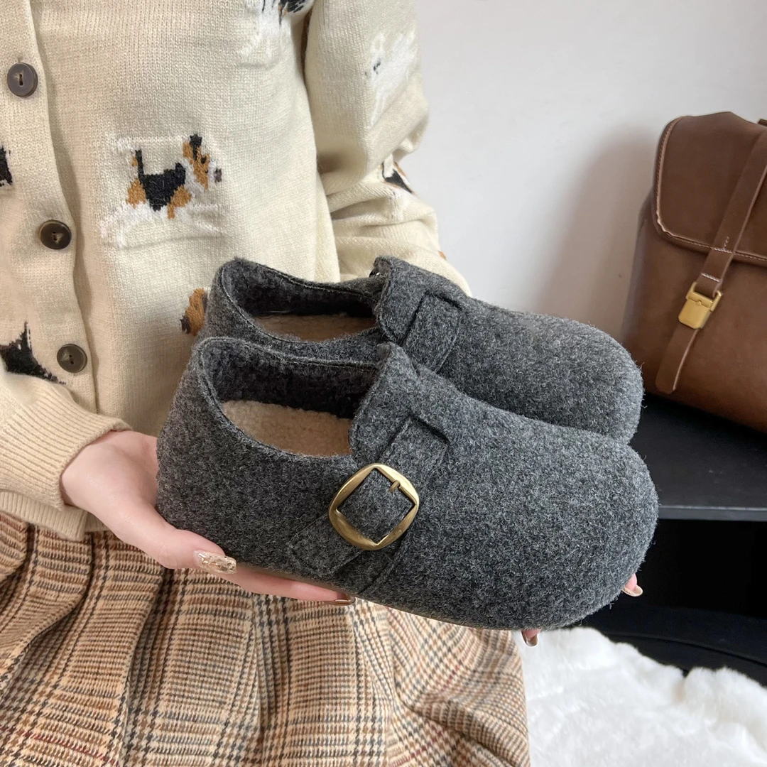 灰色呢子勃肯鞋女款冬季加绒内增高全包乐福鞋子2025新款大头棉鞋