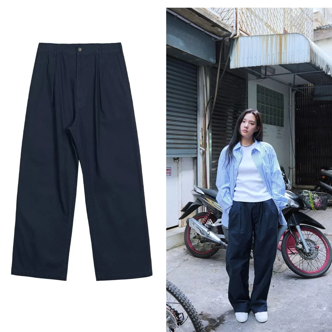 现货A37 SP&2025春季新品法式捏褶休闲裤长款宽松韩系工装风裤女