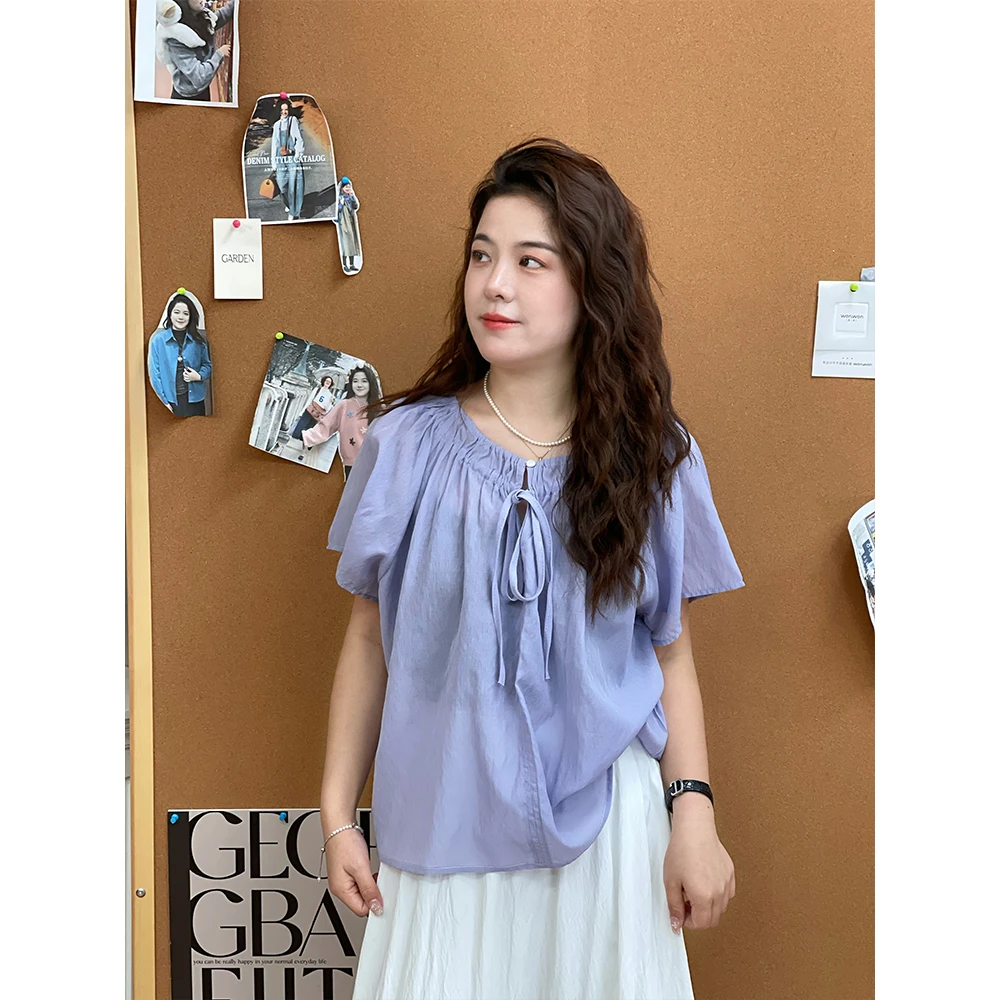 WenWen小个子韩系夏新时尚百搭v领系带短袖衬衫显瘦上衣3959