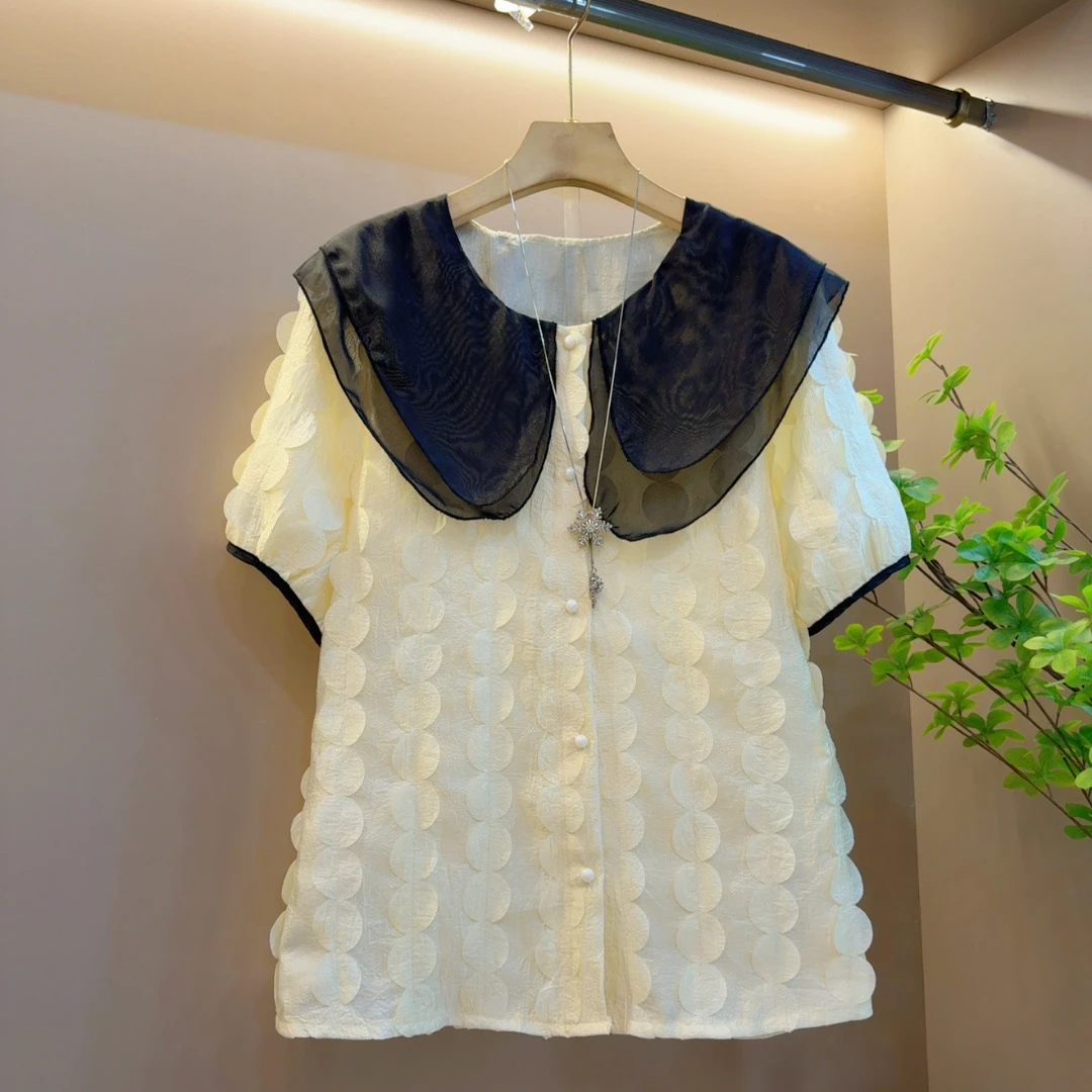 新款百搭宽松显瘦设计感拼接减龄休闲气质短袖上衣（衣长65左右）