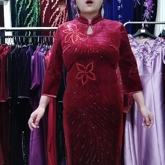 深酒红金丝绒重工中长旗袍xl2xl3xl4xl5xl