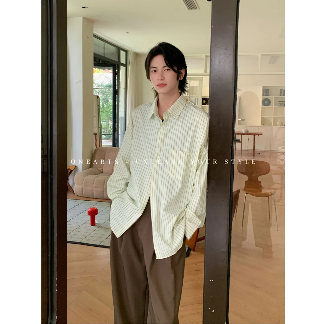 【ONEARTS衬衫】cleanfit条纹衬衫男宽松翻领百搭春秋新款衬衫外套