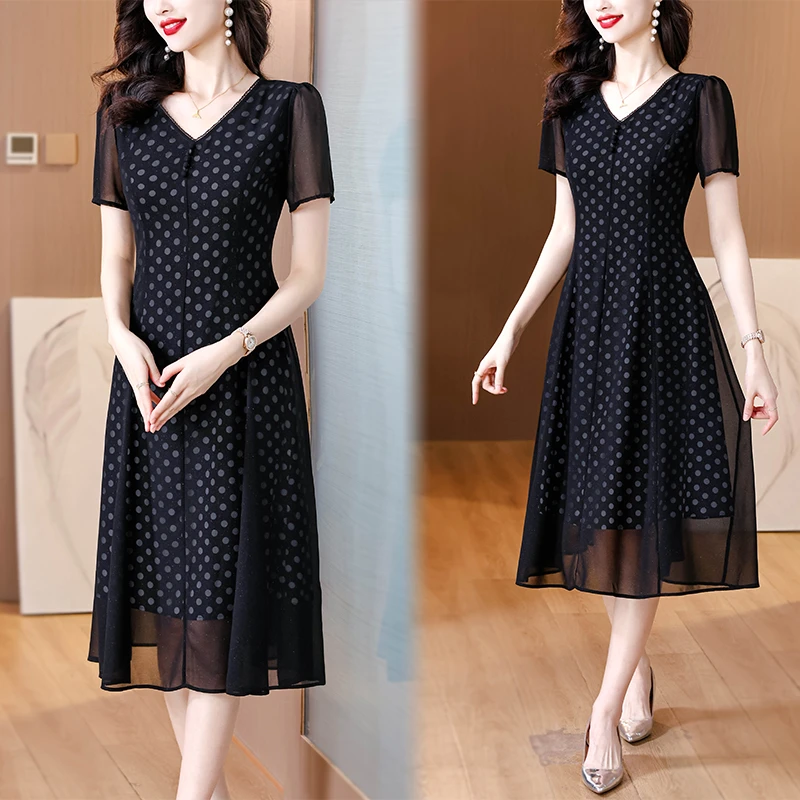 高级轻羽丝时尚波点气质优雅连衣裙2025夏季新款遮肉显瘦高腰礼服